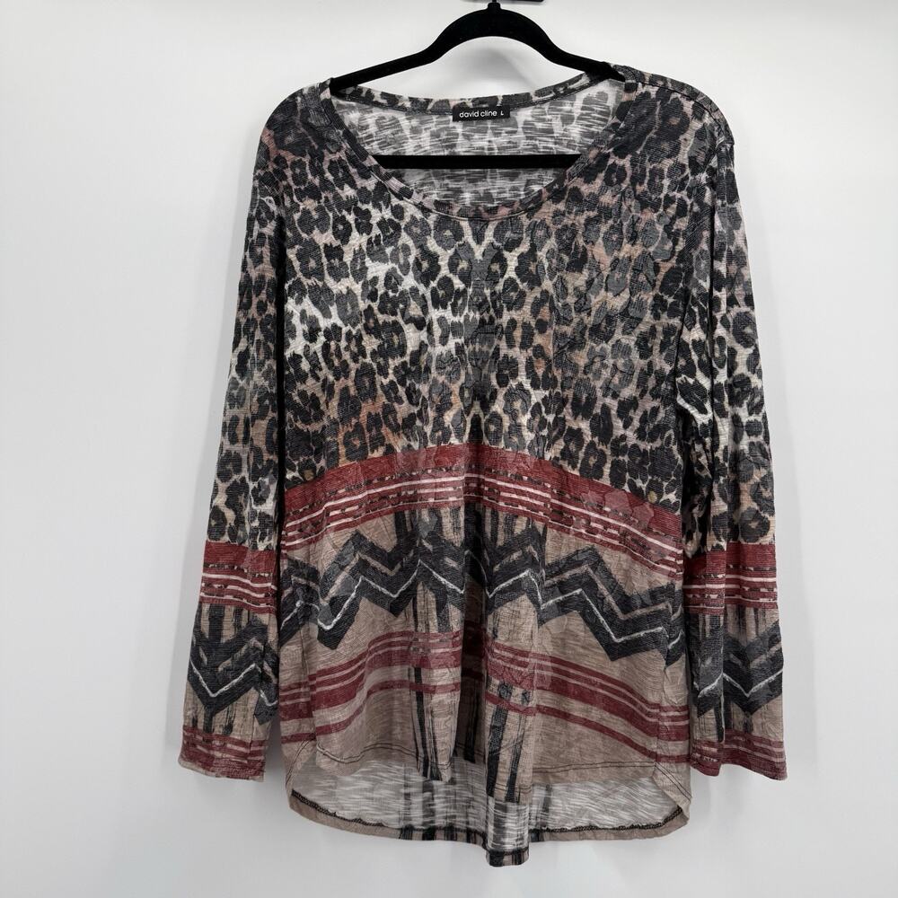 David Cline Shirt Top Womens Large Safari Print Leopard Soft Tunic